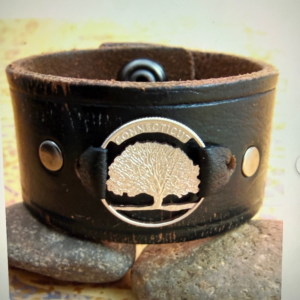 Distressed Black Leather Wrist Belt with Quarter Focal - Upcycled